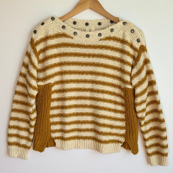 Anthropologie Moth Striped Knit Pullover Sweater Extra Small Boatneck Crop Boxy - Picture 1 of 14